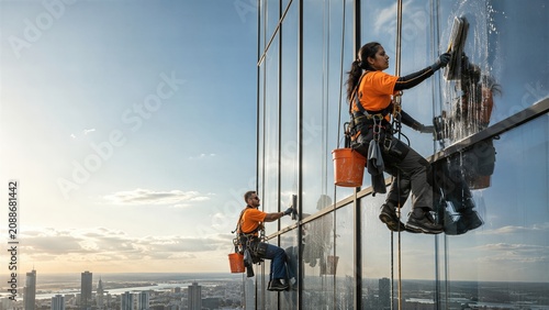 Woman and man window cleaners washing corporate building skyscraper glass facade with rope access gear. Professional high rise cleaners at work on tall architecture skyline city view.