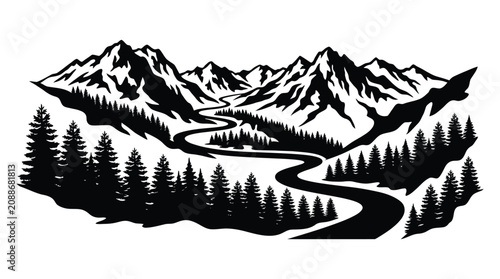 Fotografía Mountain Range And River Landscape Black And White Silhouette