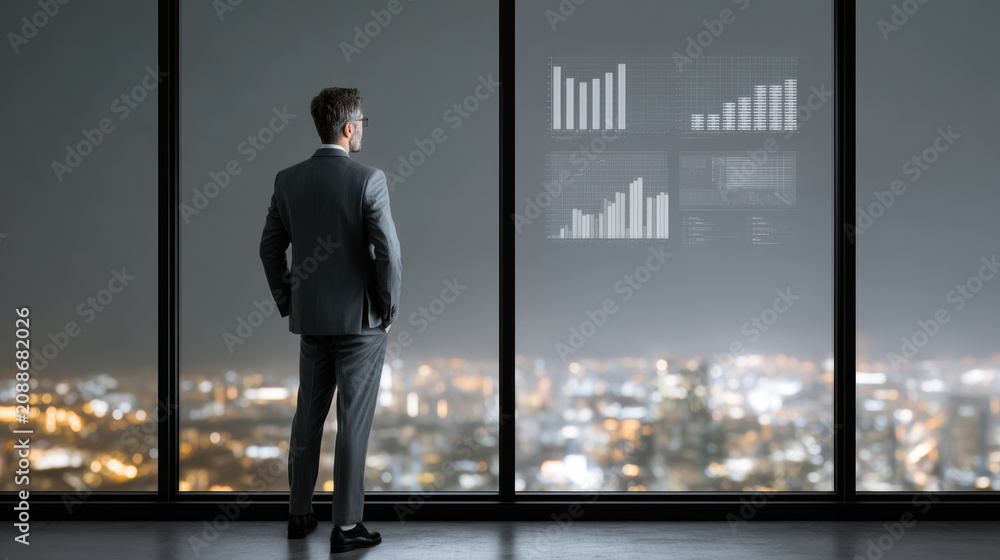Fototapeta premium Businessman suit city night window graph chart silhouette leader success confidence ambition modern office urban view professional finance growth