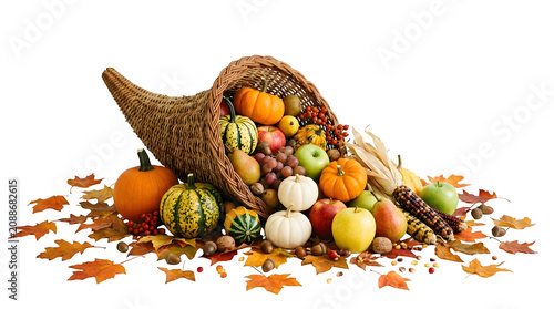 Abundant harvest cornucopia, autumn produce, Thanksgiving symbols, seasonal fruits and vegetables isolated on Transparent Background