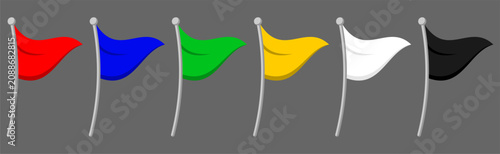 Colorful waving flag icon set with red blue green yellow white and black colors isolated on grey background is perfect for digital map pin marker presentation design decoration