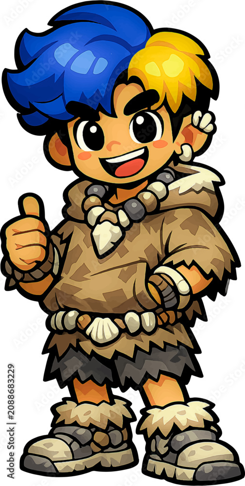Obraz premium Cute Prehistoric Stone Age Cartoon Caveman Boy Mascot Vector Character Illustration | Editable AI Illustrator