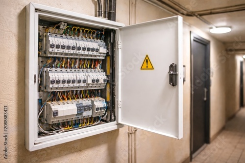 Open electrical distribution panel with circuit breakers. Power control cabinet in apartment building corridor.