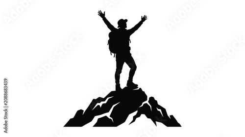 Hiker On Mountain Peak Black Silhouette mountaineer