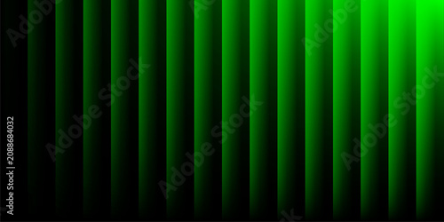 Abstract green glowing vertical lines on black background. Futuristic neon stripe pattern with smooth gradient lighting. Modern geometric technology backdrop for digital and sci designs.