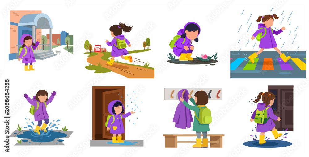 Fototapeta premium Cute little girl in purple raincoat and yellow boots playing in the rain, jumping in puddles, and going to school, flat vector illustration set