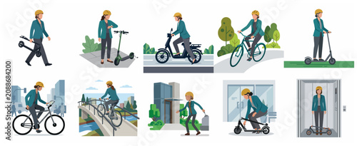 Businesswoman commuting with various eco-friendly micro-mobility vehicles in urban city environments
