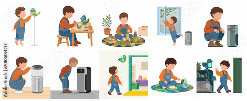 Little Boy Interacting with Smart Home Devices Air Purifiers and Sensors for a Healthy Indoor Environment Vector Illustration Set
