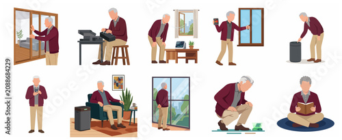 Senior Man Using Smart Home Technology and Home Automation Devices for Aging in Place Flat Vector Illustration Set