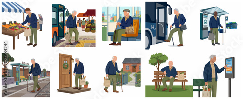 Senior man daily life activities using public transportation and shopping flat vector illustration set