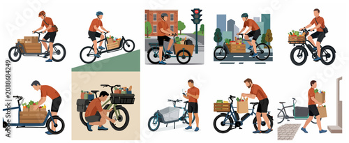 Vector illustration set of cargo bike couriers delivering groceries and packages in urban settings