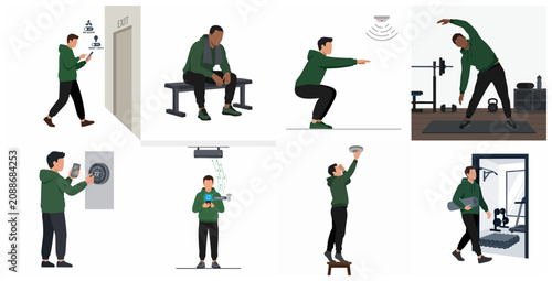 Smart Home and Fitness Integration Illustration Set Featuring Man Using IoT Technology and Automated Sensors