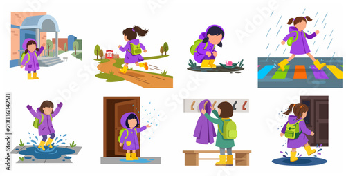 Cute little girl in purple raincoat and yellow boots playing in the rain, jumping in puddles, and going to school, flat vector illustration set