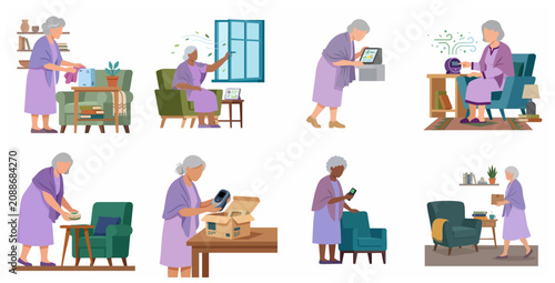 Elderly woman managing smart home devices and air quality monitors, senior technology for independent living and health care, flat vector illustration set