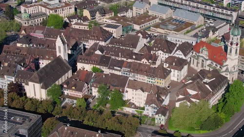 Aerial panoramic view above the old town around the city Frauenfeld in Switzerland on a sunny summer afternoon. 