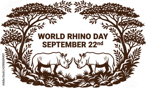 Obraz na plátně World rhino day illustration two rhinos with foliage for conservation awareness