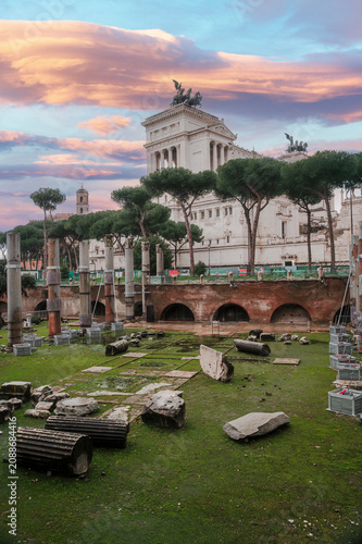 Scenic view over the ruins of the Foro di Traiano and Altare della Patria in Rome, Italy