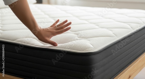 A person's hand pressing on a white and black mattress on a wooden bed frame in a bright room with a