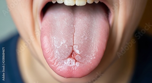 a close-up view of a person's tongue with white patches on it close up detail view natural lighting