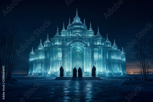 Glowing ice palace illuminated at night with cloaked figures standing before its grand entrance under a starry sky.