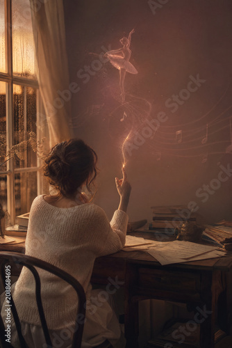 Woman at a vintage desk conjures a glowing ballerina from her fingertip, with magical music notes swirling in warm golden light.