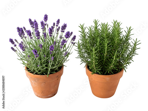 Potted lavender and rosemary plants isolated on transparent background