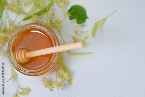 Natural linden honey in a glass jar with a wooden honey dipper surrounded by blooming linden flowers. Top view on a white background with copy space.