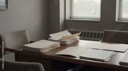 Stack of documents and folders on a wooden desk in an office. Paperwork and files on a table, legal or administrative concept.