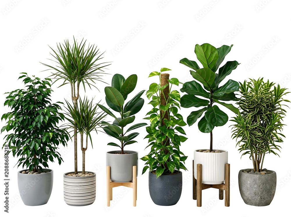 Fototapeta premium Collection of six different indoor house plants in various decorative pots isolated on transparent background