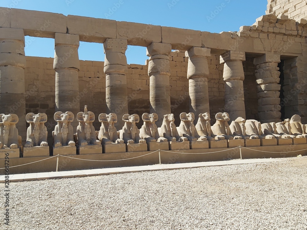 Fototapeta premium Karnak Temple, Luxor, Egypt. Row of ancient ram-headed sphinx statues and stone columns at the Temple of Amun in the Karnak Temple Complex.