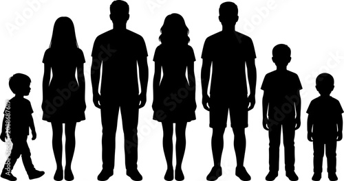 Black silhouette of a large family group with adults and children standing together isolated on white