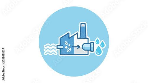 Industrial water treatment plant icon featuring filtration and purification process with blue water droplets.
