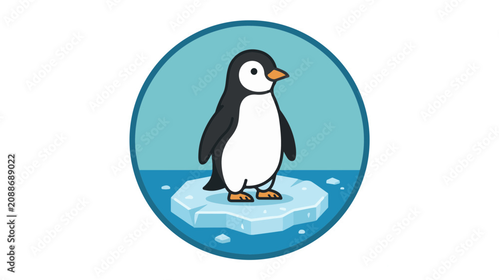 Fototapeta premium Cartoon penguin standing on a floating ice block with a teal circular background and white snowflakes.
