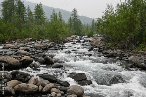 Mountain stream on a cloudy summer day.
