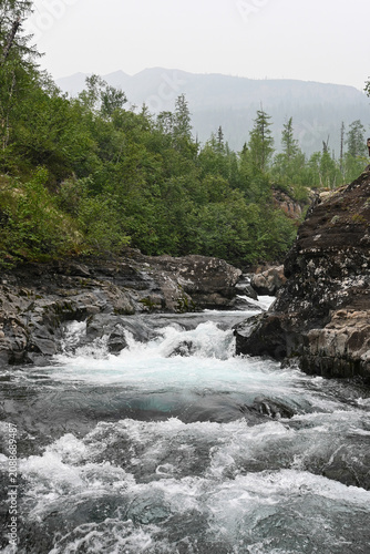 Mountain stream on a cloudy summer day.