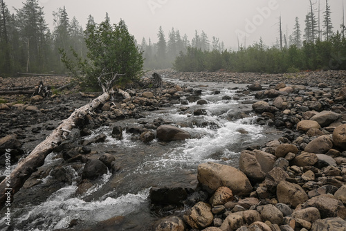 Mountain stream on a cloudy summer day.