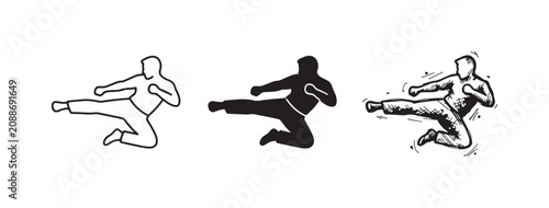 Vászonkép Martial artist performing an aggressive mid-air flying kick, shown in outline, silhouette, and detailed sketch styles