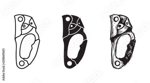 Photos Belay device for rock climbing and rappelling, illustrated in a simple outline, solid silhouette, and textured hand-drawn sketch styles