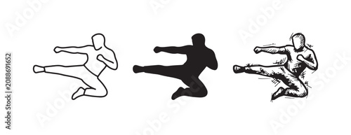 Billede på lærred Martial artist performing a powerful mid-air flying kick, presented in outline, silhouette, and detailed sketch styles