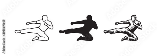 Billede på lærred Martial artist performing an athletic mid-air flying kick, depicted in outline, silhouette, and textured sketch styles