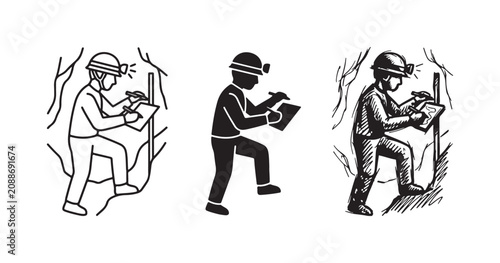 Foto Caver or explorer wearing a helmet with a headlamp, writing notes on a clipboard inside a cave, in outline, silhouette, and hand-drawn styles