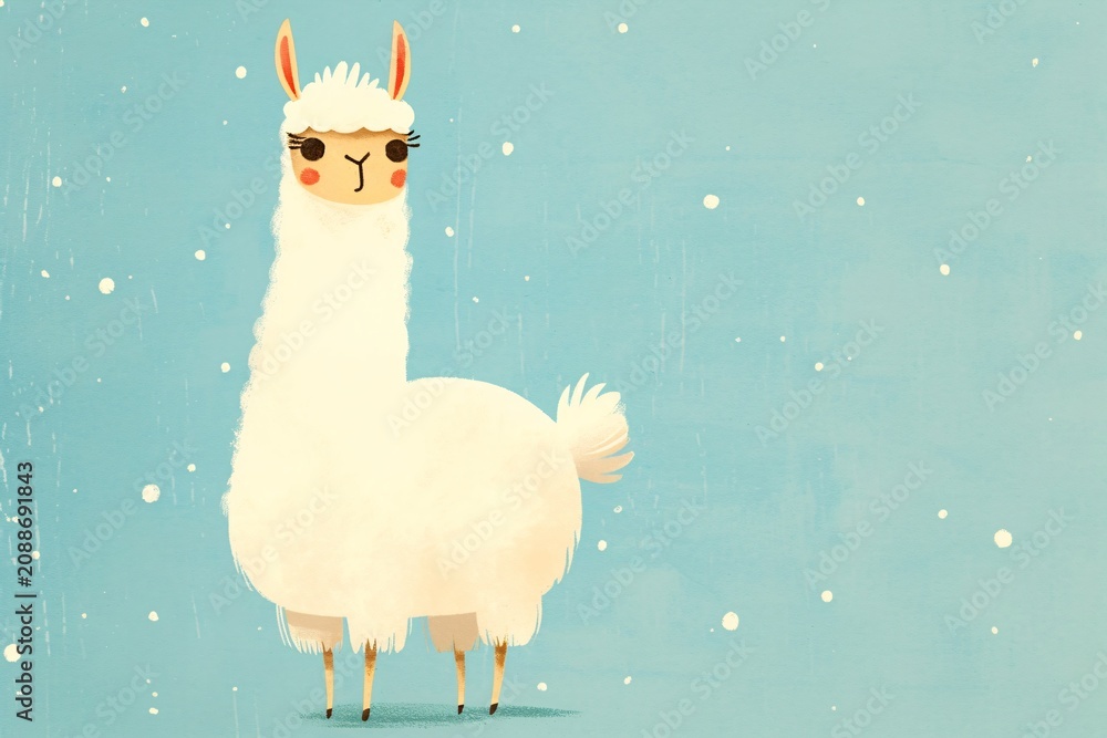 Fototapeta premium Cute white llama illustration in vintage style. Funny farm animal character standing on light blue background with snow. Artistic drawing for children book, nursery decor and design.