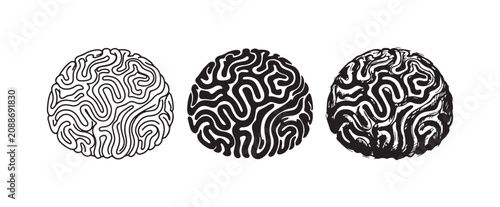 Cuadro en lienzo Abstract brain or maze-like pattern icon set, in line art, solid black, and detailed sketchy styles
