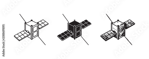 Photos Three graphic renditions of a cubesat with deployed solar panels: outline, solid fill, and detailed hand-drawn sketch