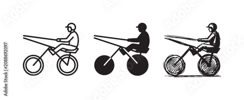 Konstfotografi Jockey driving a two-wheeled sulky or racing cart icon set, presented in outline, solid black, and hand-drawn sketch styles