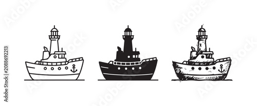 Front view of a lighthouse ship (lightship) with an anchor, presented in outline, solid silhouette, and detailed sketch styles
