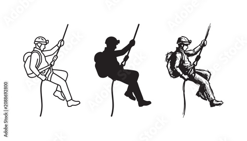 Fotografía Person rappelling or abseiling with a helmet, headlamp, and backpack, shown in outline, silhouette, and hand-drawn sketch styles