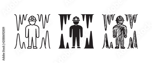 Bild auf Leinwand Person in Caver Helmet Standing Amidst Cave Formations Icon Set