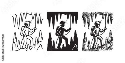 Foto Caver or Climber with Rope and Headlamp in a Cave Icon Set