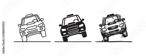 Quadro su tela Taxi car doing a wheelie on its rear wheels, viewed from a front-quarter angle, depicted in three distinct styles: clean outline, solid black silhouette, and detailed hand-drawn sketch